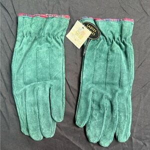 Collage Green Suede Gloves with Plaid Trim